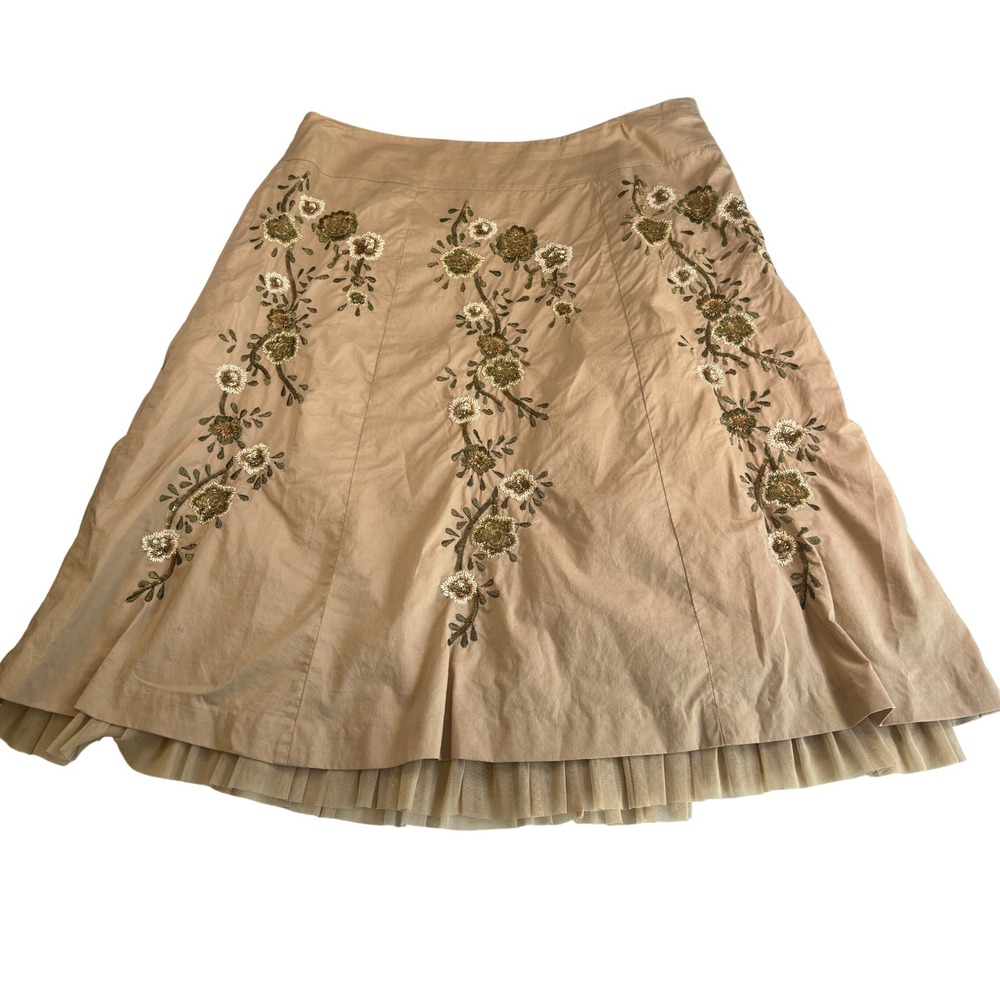 Talbots Tan Floral Embroidered Sequin Tulle A-Line Cotton Mini Skirt Women Sz 10